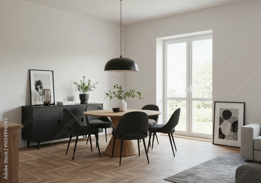 Fototapeta premium Modern dining room with round wooden table and black chairs in natural light