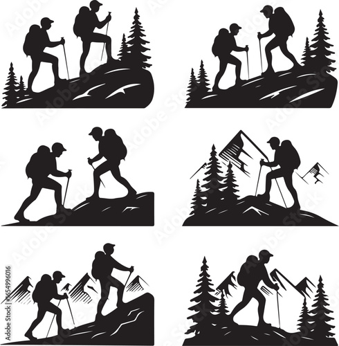 Six Silhouette Illustrations of Hikers with Backpacks and Poles on Mountainous Terrain hiking mountains