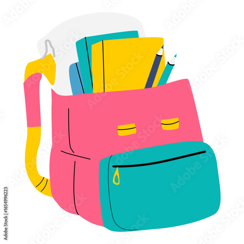 Bright backpack or schoolbag with children's school supplies. Modern design of daypack isolated.