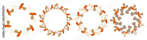 A collection of various mushrooms arranged in a circular pattern. The mushrooms display different colors and shapes, showcasing their natural diversity