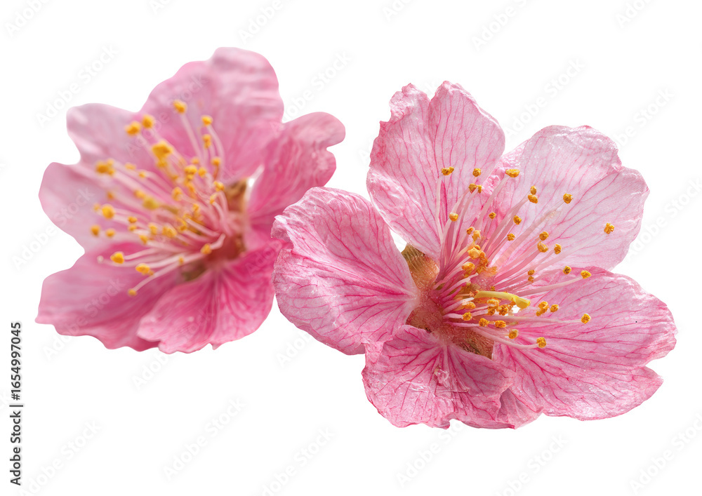 Fototapeta premium Close-up of two delicate, vibrant pink blossoms. Soft petals, visible stamens, and a shallow depth of field