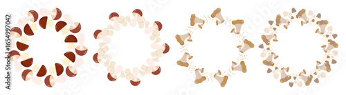 A collection of various mushrooms arranged in a circular pattern. The mushrooms display different colors and shapes, showcasing their natural diversity