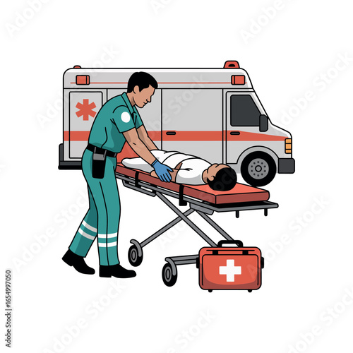 Paramedic assisting patient on stretcher with ambulance and first aid kit medical