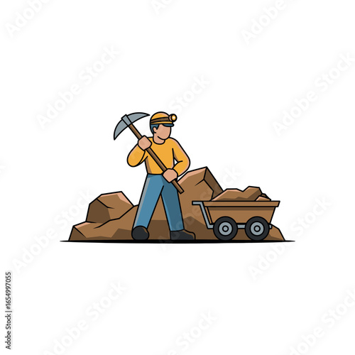 Miner with pickaxe and mining cart filled with dirt and rocks wheelbarrow