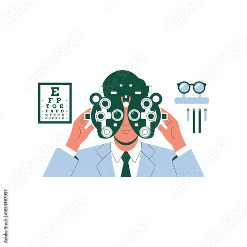 Optometrist examines patient with phoropter and eye chart eye exam vision test