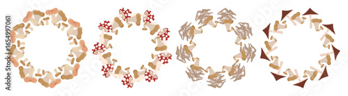 A collection of various mushrooms arranged in a circular pattern. The mushrooms display different colors and shapes, showcasing their natural diversity