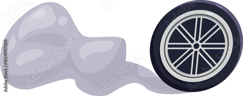Cartoon wheel leaving a smoke trail, illustrating concepts of speed, friction, and burning rubber