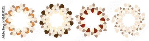 A collection of various mushrooms arranged in a circular pattern. The mushrooms display different colors and shapes, showcasing their natural diversity