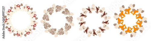 A collection of various mushrooms arranged in a circular pattern. The mushrooms display different colors and shapes, showcasing their natural diversity