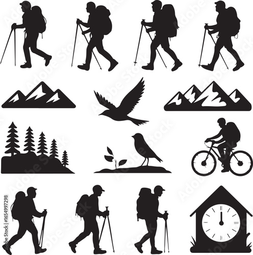Silhouette collection of hikers cyclists birds mountains trees and a clock vector illustration