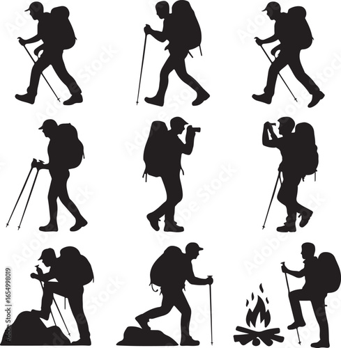 Silhouette collection of hikers with backpacks and trekking poles hiking
