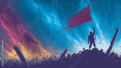 A victorious figure stands tall, planting a flag amidst a starry sky and debris, symbolizing resilience in adversity.