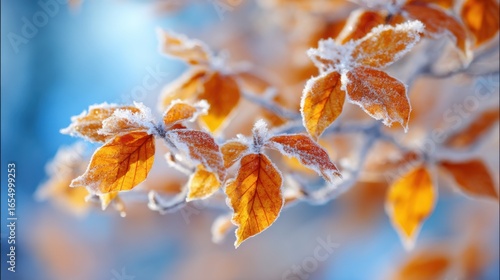 Frosted autumn leaves on branch in winter sunlight macro shot nature background scene seasonal beauty outdoors