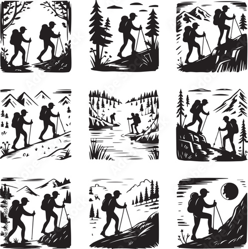 Silhouettes of hikers with backpacks and trekking poles in various natural landscapes hiking