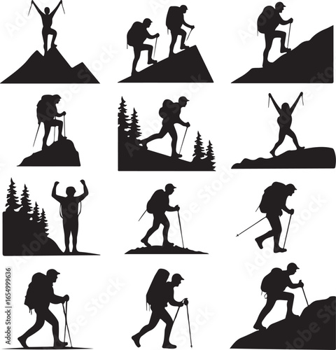 Collection of hiker silhouettes celebrating on mountain peaks and trekking through landscapes hiking