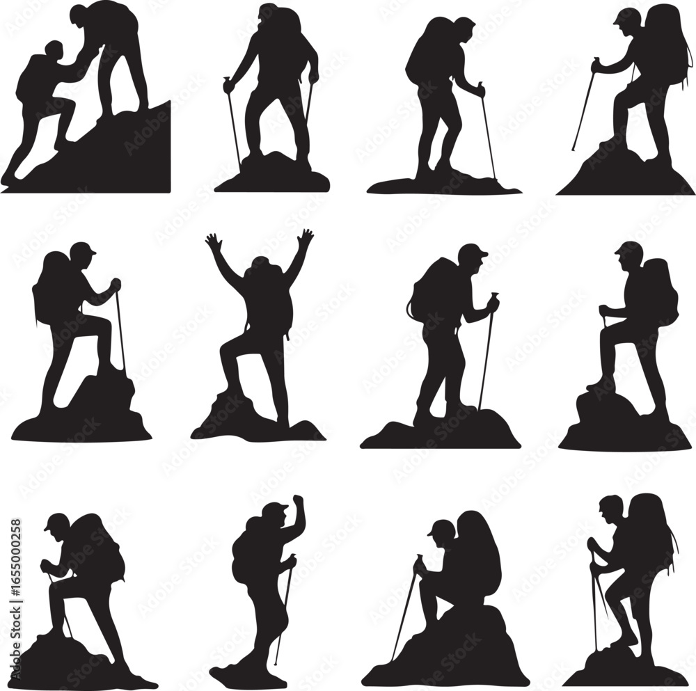 Obraz premium Twelve Silhouette Illustrations of Hikers with Backpacks and Trekking Poles on Rocks climbing mountain