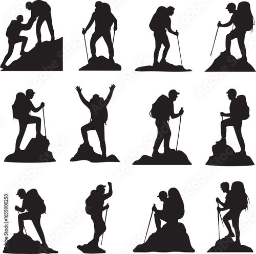 Twelve Silhouette Illustrations of Hikers with Backpacks and Trekking Poles on Rocks climbing mountain