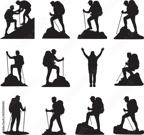 Collection of silhouette hikers on mountain peaks and celebrating success hiking trekker