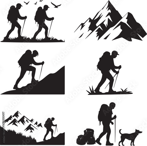Silhouette set of hikers and mountain peaks on white background hiking trekker