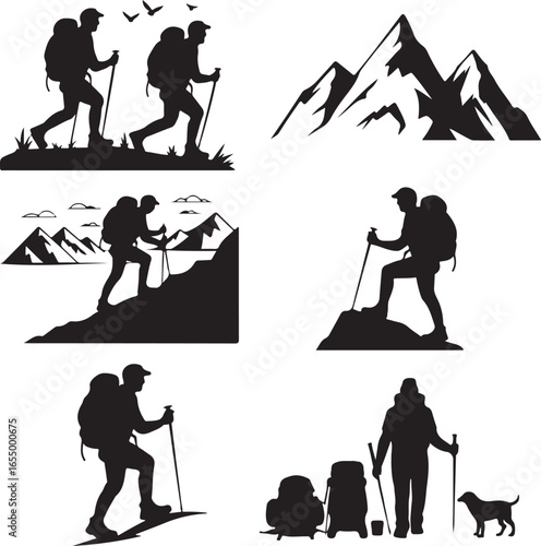 Silhouette set of hikers and mountain peaks on white background hiking trekker