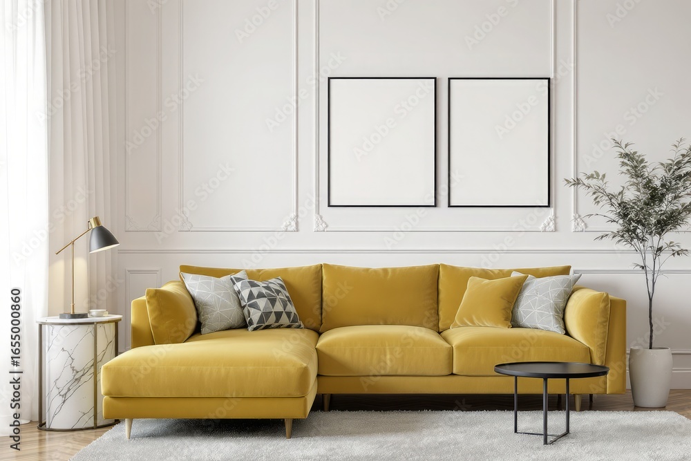 Fototapeta premium Elegant living room with a vibrant mustard yellow sofa and two empty picture frames
