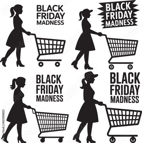 Black Friday madness shopping spree deals and discounts vector silhouette graphics