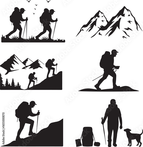 Silhouette set of hikers and mountain peaks on white background hiking trekker