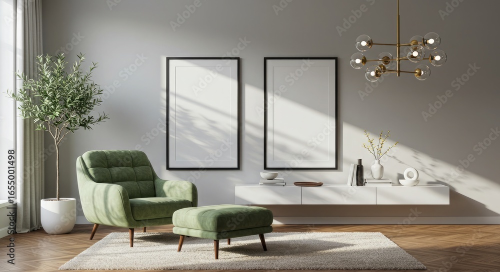 Fototapeta premium Modern living room with green armchair and ottoman featuring two vertical art frames