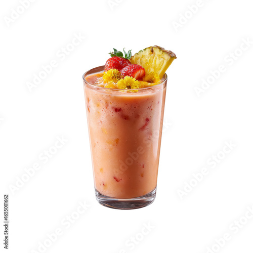 Refreshing Tropical Fruit Smoothie with Strawberry, Pineapple, and Edible Flowers in Glass
