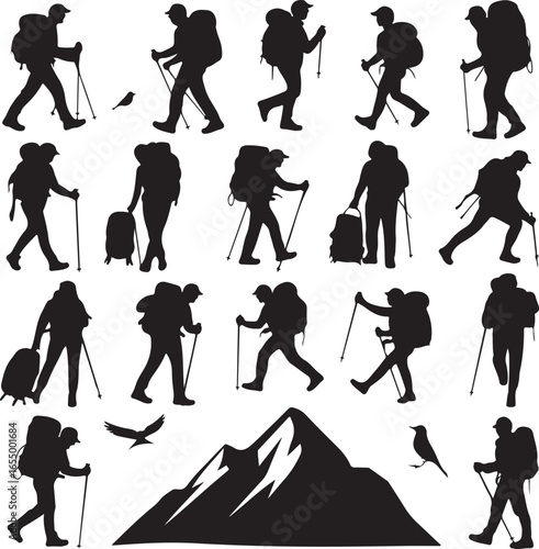 Silhouette collection of hikers with backpacks trekking poles birds and mountains Keywords: hiker