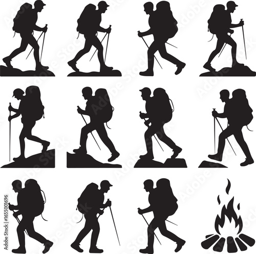Silhouette hikers with backpacks and trekking poles and campfire Keywords: hiker, silhouette