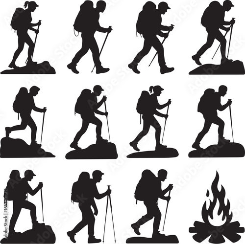 Silhouette collection of hikers on rocks with trekking poles and campfire Keywords: hiker, silhouette