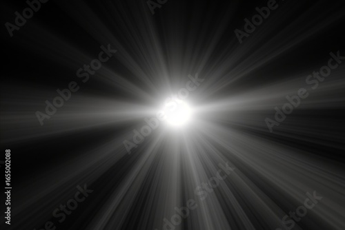 Abstract White Light Burst with Radiating Rays, Intense Sunburst Shine on Black Background, Bright Flash of Light with Dynamic Rays