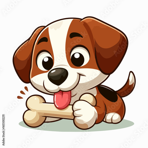 vector illustration cartoon of cute dog eats bone plain white background