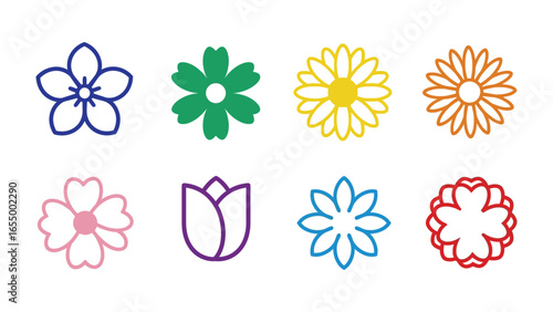 Floral Diversity: A vibrant collection of stylized floral illustrations showcases a variety of botanical forms. Each flower bursts with its own unique color and shape.