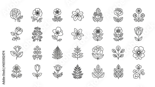 Floral Flourish: A stunning array of minimalist floral illustrations, meticulously crafted in a delicate line art style, ideal for adding a touch of botanical beauty to any creative project. 