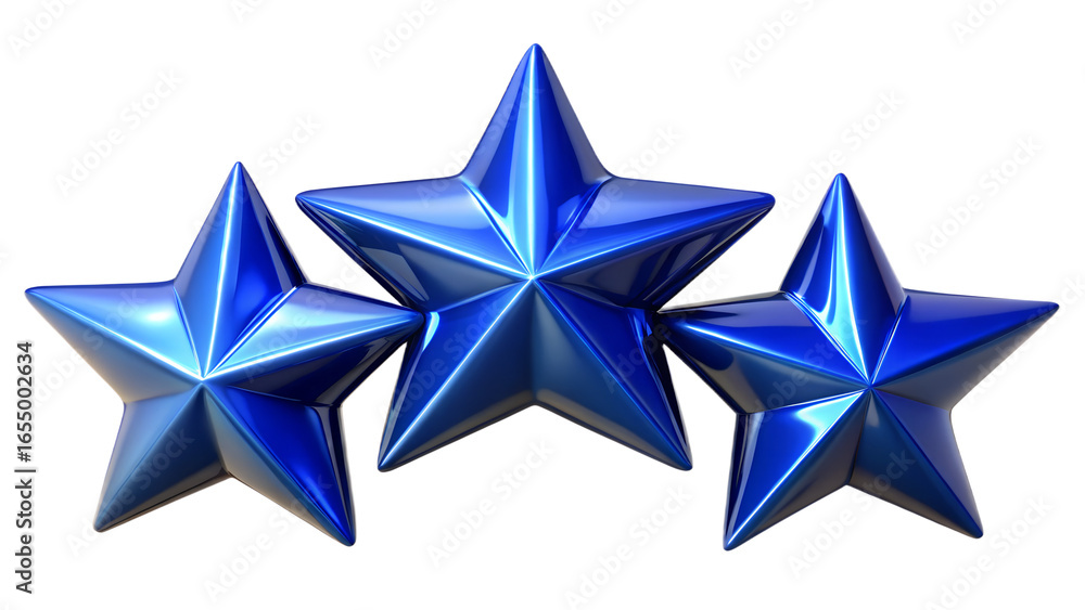 Three shiny, metallic blue stars arranged in a cluster, representing success, achievement, and excellence, isolated on a transparent background Three shiny, metallic blue stars arranged in a cluster, representing success, achievement, and excellence, isolated on a transparent background