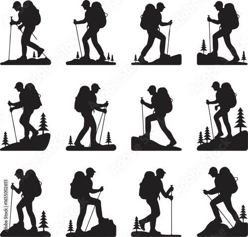 Silhouette hikers with backpacks and trekking poles on white background Keywords: hiking, trekker