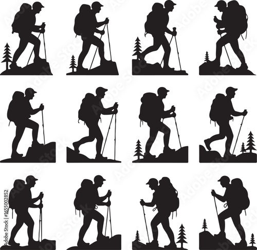 Silhouette hikers with backpacks and trekking poles on white background Keywords: hiking, trekker