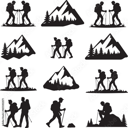 Silhouette hikers and mountain landscapes on white background Keywords: hiking, trekker, silhouette