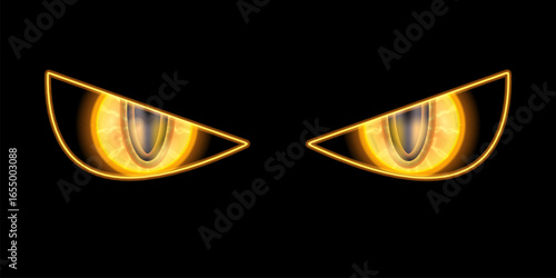 Vector yellow animal cat eyes isolated on dark black night background. Danger Monster open eyes with neon yellow eyeball. Halloween cat eyes design template banner and poster