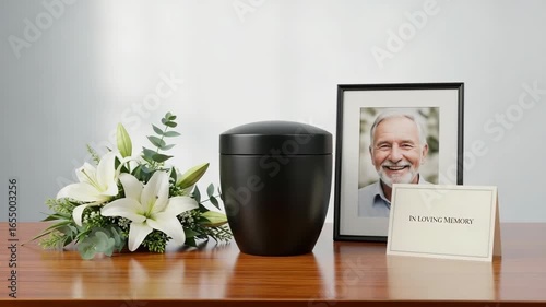 Black funeral urn surrounded by white lilies, next to framed portrait and memorial card on wooden table. Funeral arrangement symbolizes grief, remembrance, and solemn farewell.