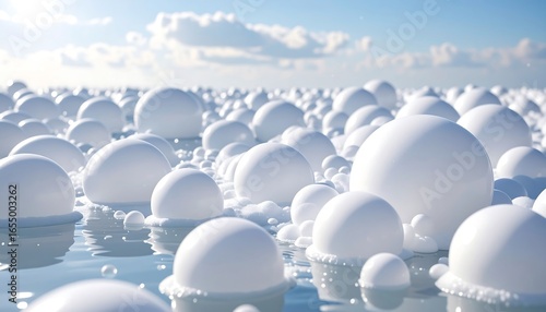 White spheres float on a tranquil surface of water under a bright sky