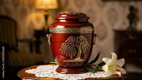Elegant cremation urn resting on antique table with delicate lace, representing remembrance. Cremation urn, with detailed golden leaf design, suggests dignity, respect, and final farewell