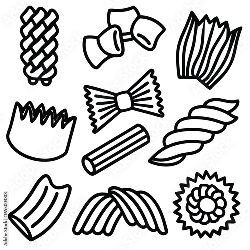 Assortment of stylized pasta shapes arranged on a white background.