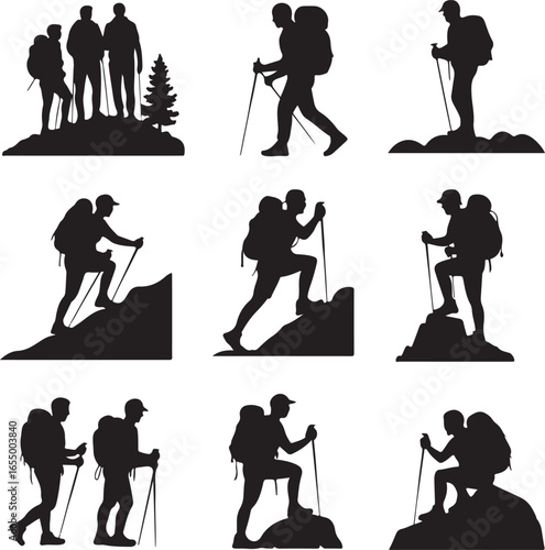 Silhouette collection of hikers with backpacks and trekking poles on white background hiking mountain