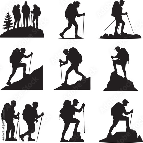 Silhouette collection of hikers with backpacks and trekking poles on white background hiking mountain