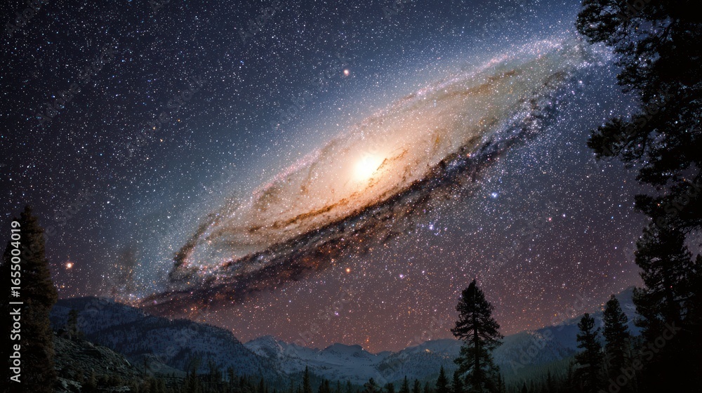 Fototapeta premium A stunning night sky displaying a distant galaxy, framed by silhouetted trees and mountains