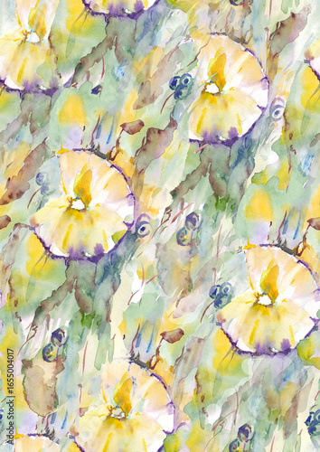 Fototapeta Watercolor Floral Seamless Pattern, Abstract Yellow Purple Bloom Repeat, Hand-painted Spring Flower Fabric, Gentle Artistic Floral Design, Impressionist Botanical Print
