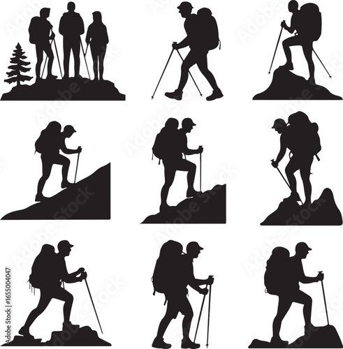 Silhouette collection of hikers with backpacks and trekking poles on white background hiking mountain